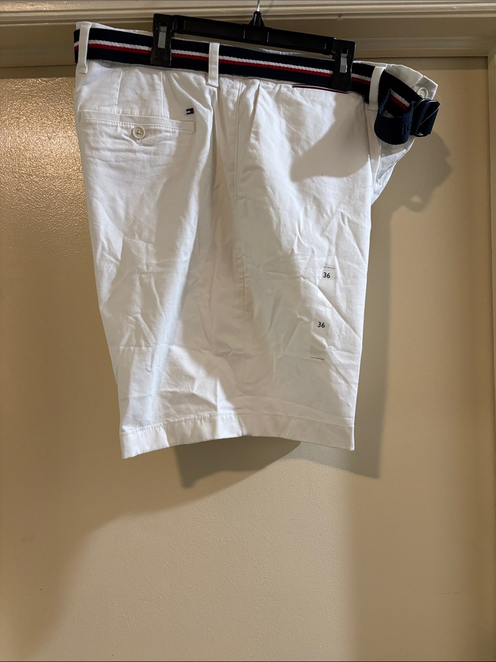 Tommy Hilfiger White Cotton Flat-Front Shorts with Navy/Red/White Stripe Belt